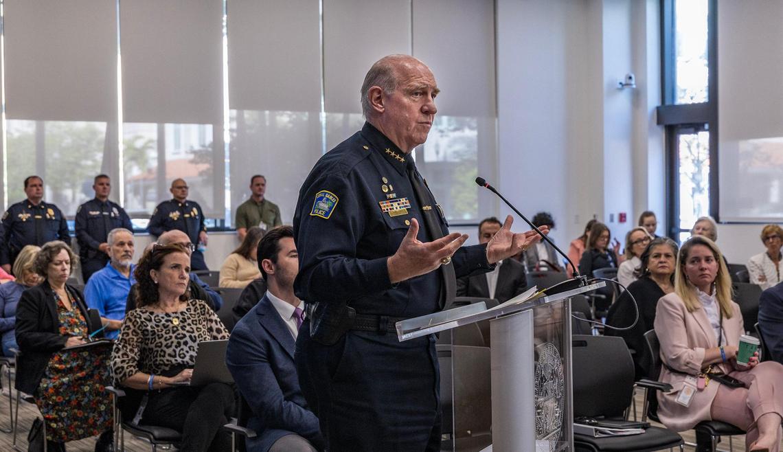 Coral Gables Police Chief Edward James Hudak, Jr. speaks Tuesday during a meeting to discuss an agreement between the City of Coral Gables and the U.S. Immigration and Customs Enforcement.