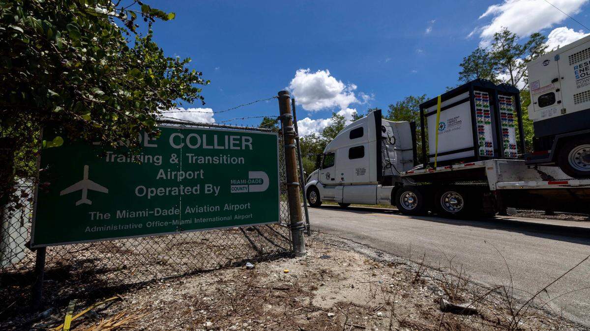 Heavy duty generators are driven into Dade Collier Training and Transition Airport off Tamiami Trail on Monday, June 24, 2025, in Ochopee, Fla.