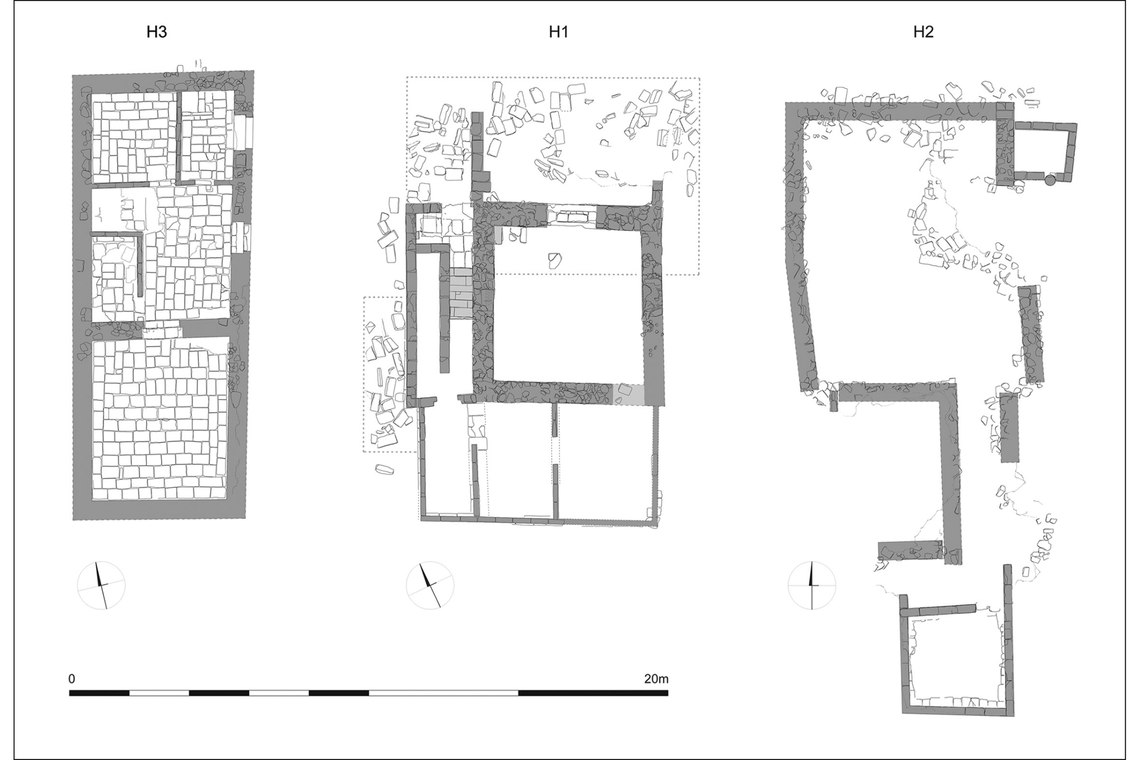 The three homes follow a Greek style with a large reception room surrounded by smaller interconnected rooms.
