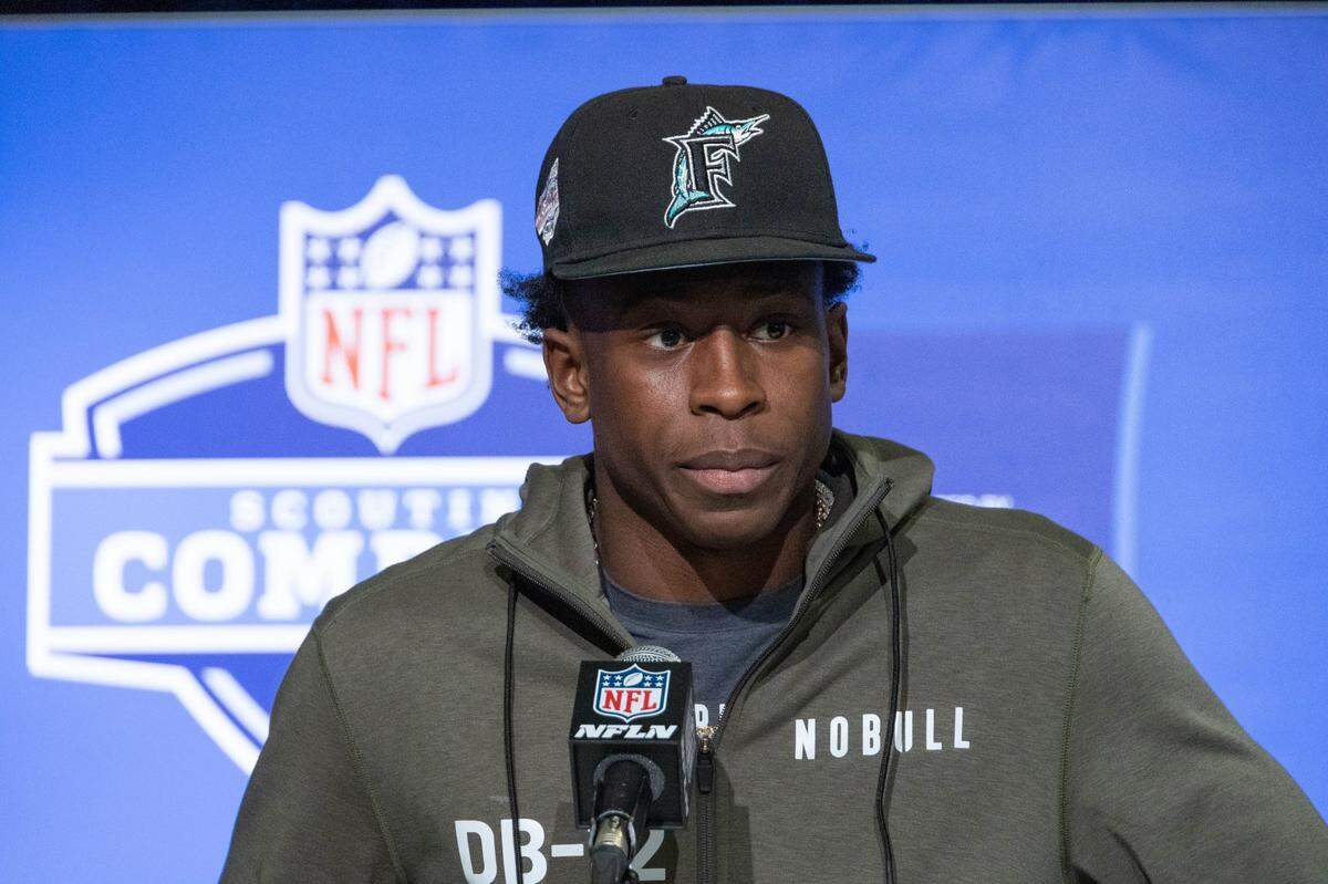 Mar 2, 2023; Indianapolis, IN, USA; Mississippi State defensive back Emmanuel Forbes (DB12) speaks to the press at the NFL Combine at Lucas Oil Stadium. Mandatory Credit: Trevor Ruszkowski-USA TODAY Sports