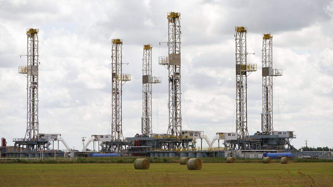 FILE - Drilling rigs stand idle on June 30, 2021, in Calumet, Okla. Republican politicians across the U.S. are criticizing President Joe Biden over his domestic energy policies and urging his administration to do more to ramp up domestic production.