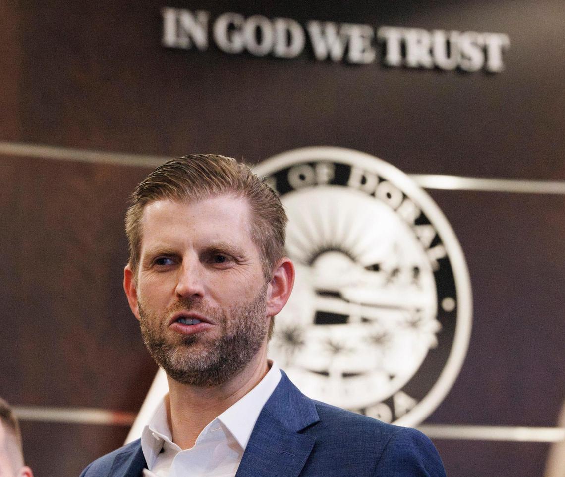 Eric Trump speaks before a Doral City Council meeting regarding the final vote on Trump’s development project on Wednesday, Jan. 15, 2025, in Doral, Florida.