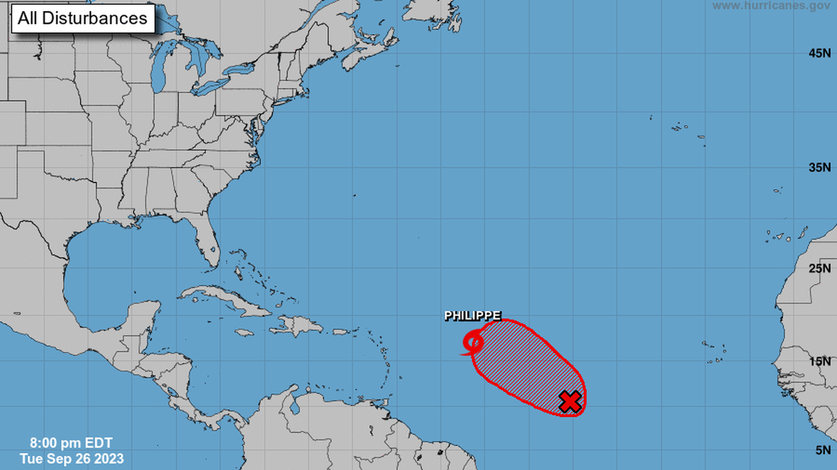 Tropical Storm Philippe and a tropical wave in the Atlantic Ocean, 8 p.m., Tuesday, Sept. 26.