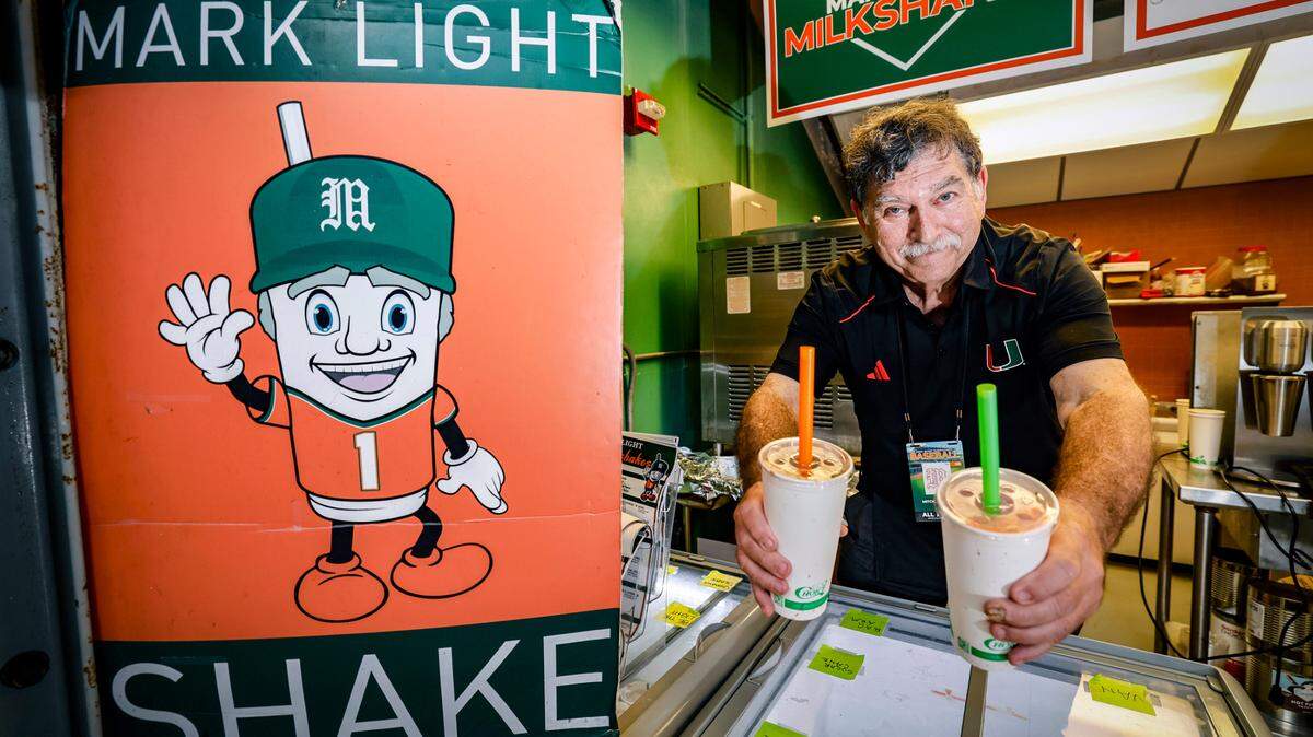 Mark Light Shake owner, Mitch Freedman serves up shakes at Alex Rodriguez Park at Mark Light Field on the University of Miami campus in Coral Gables, Florida on Friday, February 14, 2025.