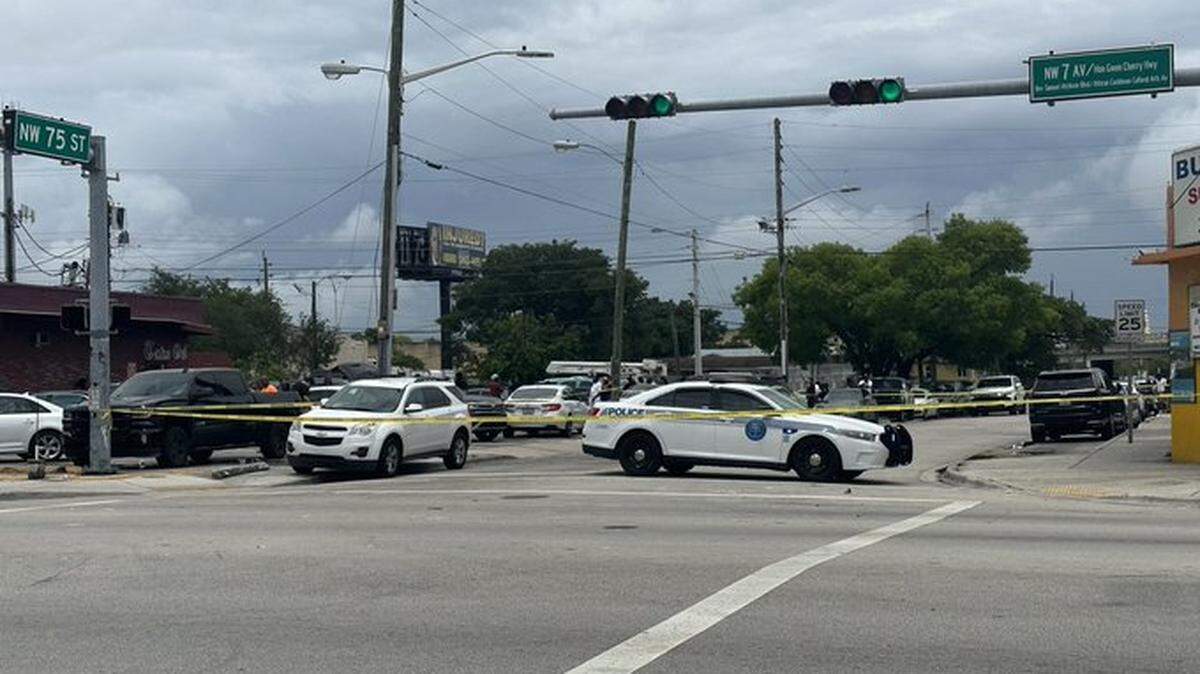 Northwest 75th Street was blocked at the intersection with Northwest Seventh Avenue after a shooting at 7455 NW Seventh Ave. on May 6, 2023.