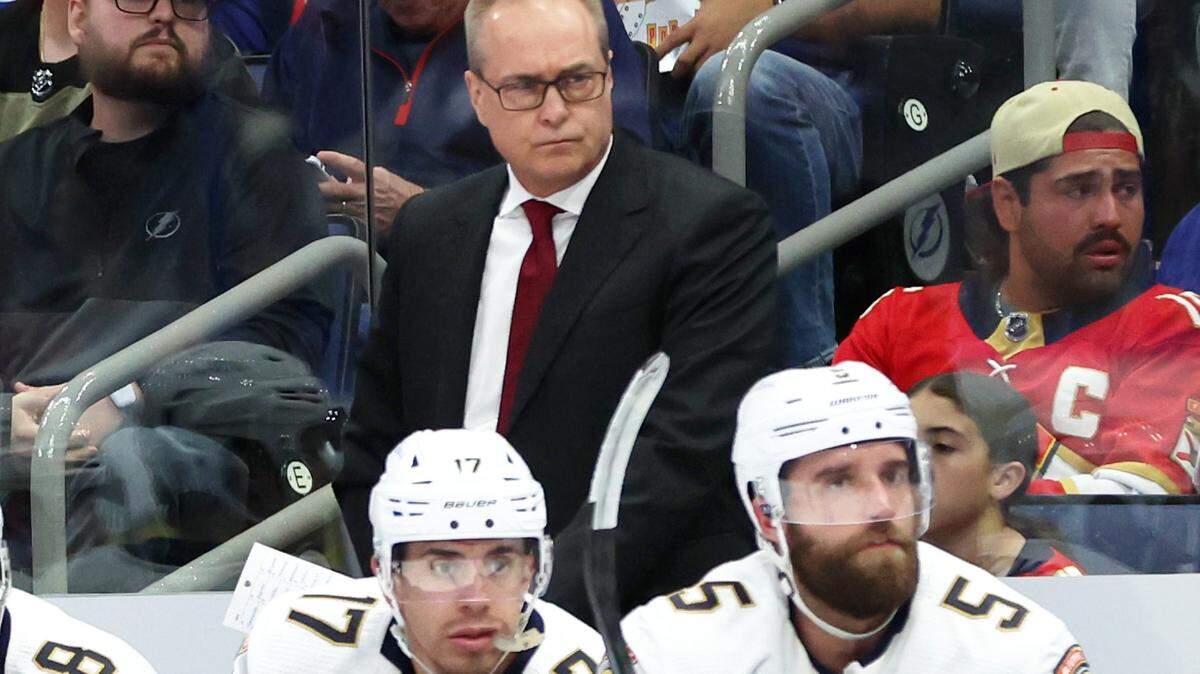 Apr 27, 2024; Tampa, Florida, USA; Florida Panthers head coach Paul Maurice against the Tampa Bay Lightning during the first period in game four of the first round of the 2024 Stanley Cup Playoffs at Amalie Arena.