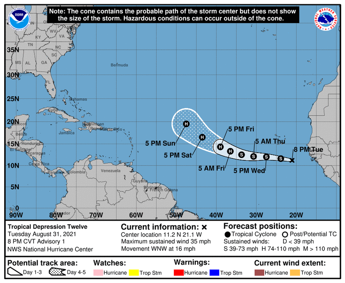 Tropical depression 12 is forecast to power up into a hurricane as soon as Friday, but it’s still quite far from any land and most models have it on a northern track.