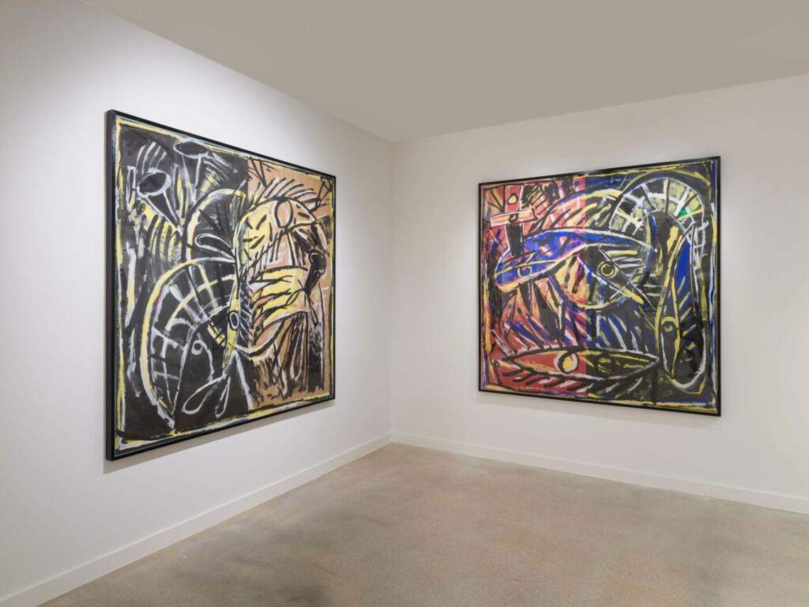 Two works on paper by Carlos Alfonzo, each titled “Self Portrait.” The artist migrated to Miami during the Mariel boatlift in 1980.