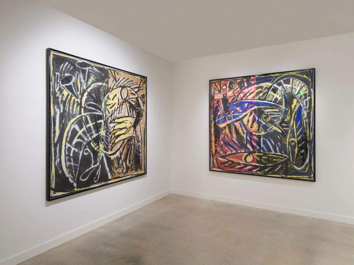 Two works on paper by Carlos Alfonzo, each titled “Self Portrait.” The artist migrated to Miami during the Mariel boatlift in 1980.