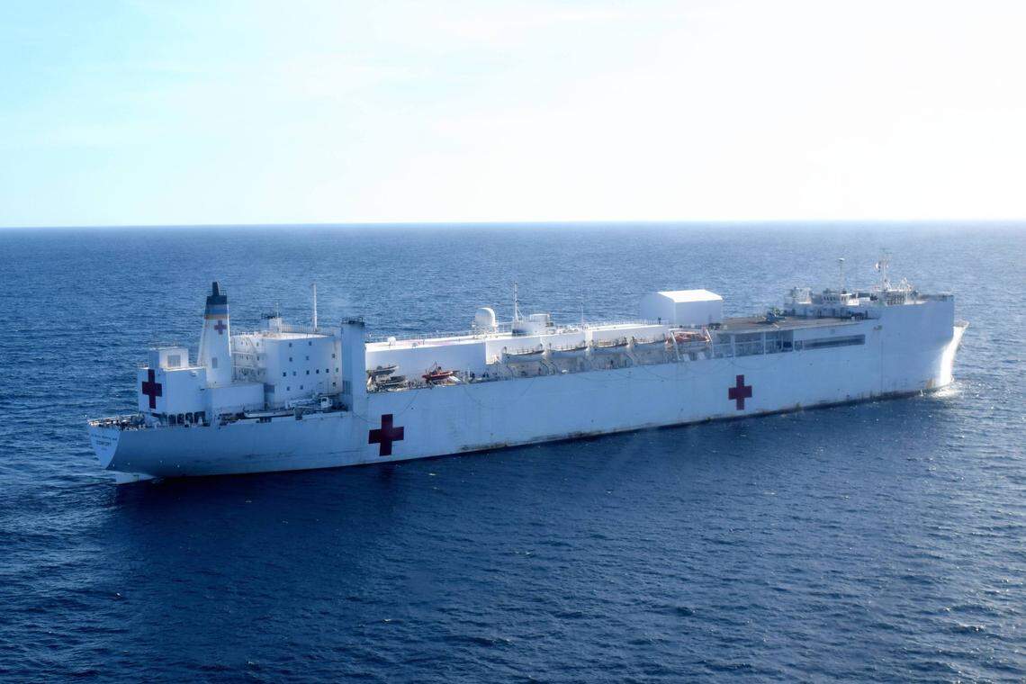 The USNS Comfort, a U.S. medical ship, floats off the coast of Riohacha, Colombia. The medical vessel is on a four-country tour of the region providing medical assistance.