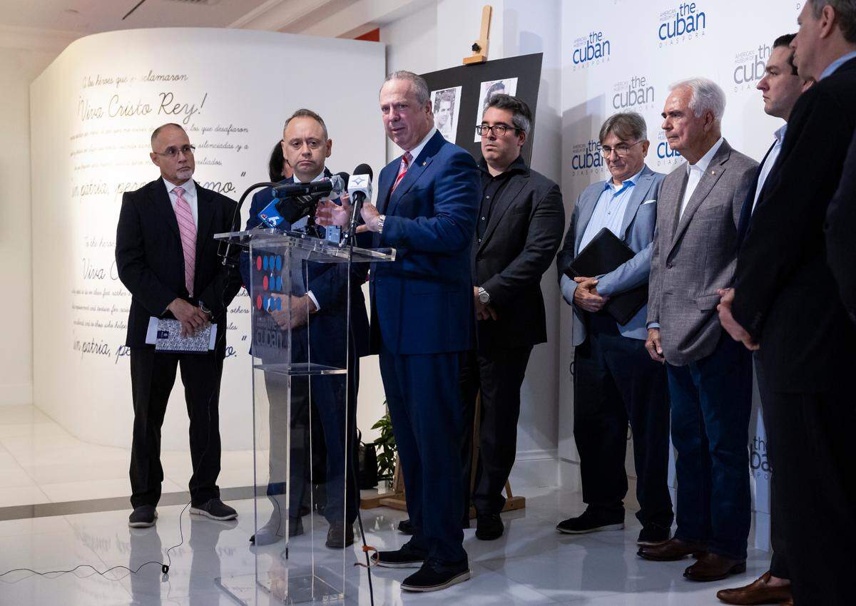 Attorney Nelson A. Rodriguez-Varela speaks during a press conference at the American Museum of the Cuban Diaspora on Tuesday, Sept. 24, 2024, in Miami, Fla. Members of the Florida Bar called on local and state authorities to indict retired Cuban colonel Luis Raúl González-Pardo, who is residing in the United States, for his alleged role in the 1996 shoot-down of two civilian planes over the Florida Straits that killed four Miamians.