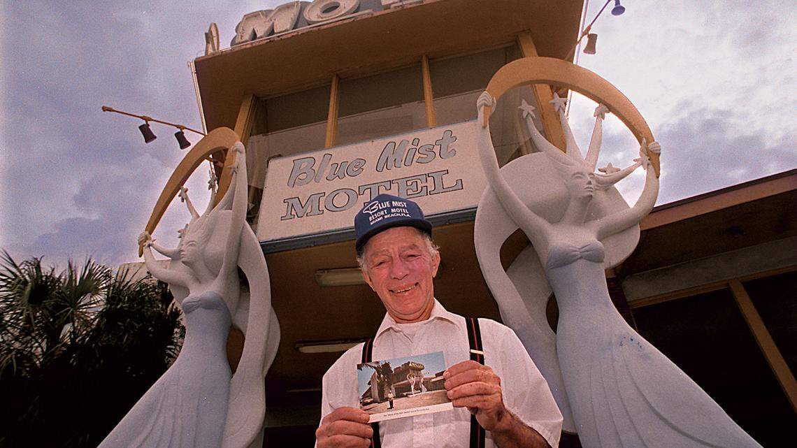 In 1996, Blue Mist Motel owner Mel Rubel stood before the “Maidens of the Mist.” In Rubel’s hands is an original postcard of the hotel, showing it as it looked the year it opened.
