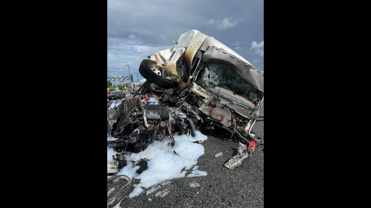 A gasoline tanker rear-ended a semi truck, causing a major traffic diversion. Photo courtesy of Florida Highway Patrol.