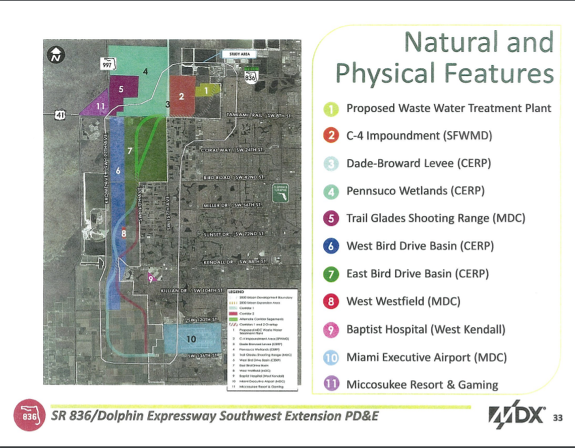 A map included in an Interior Department letter includes a half-mile wide area, shaded in blue, intended for Everglades restoration. Department officials worried that the proposed 836 extension would interfere with the project.