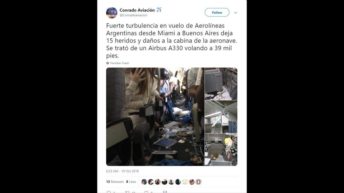 Pictures posted on Facebook from Thursday’s Aerolineas Argentinas flight 1303 show the cabin after severe turbulence.