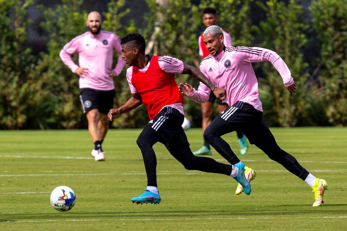 Inter Miami CF new signee Emerson Rodriguez runs with the ball while chased down by forward Ariel Lassiter during training camp at the 50,000-square-foot Inter Miami CF Training Center in Fort Lauderdale, Florida, on Thursday, January 20, 2022. The training center sits adjacent to the Club’s 19,100 capacity DRV PNK Stadium in Fort Lauderdale.