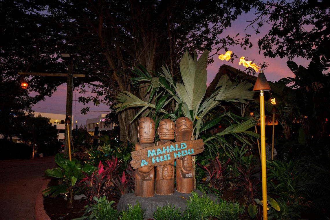 The outside is lined with tiki torches during the reopening evening of Mai-Kai.