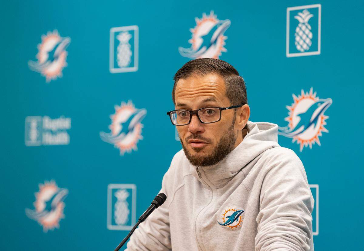 Miami Dolphins head coach Mike McDaniel speaks with reporters before the start of team practice at the Baptist Health Training Complex on Tuesday, June 6, 2023, in Miami Gardens, Fla.