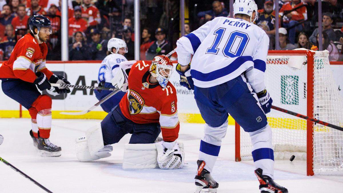 Tampa Bay Lightning right wing Corey Perry (10) scores a goal against Florida Panthers goaltender Sergei Bobrovsky (72) during the second period of Game 1 of a second round NHL Stanley Cup series at FLA Live Arena on Tuesday, May 17, 2022 in Sunrise, Fl.