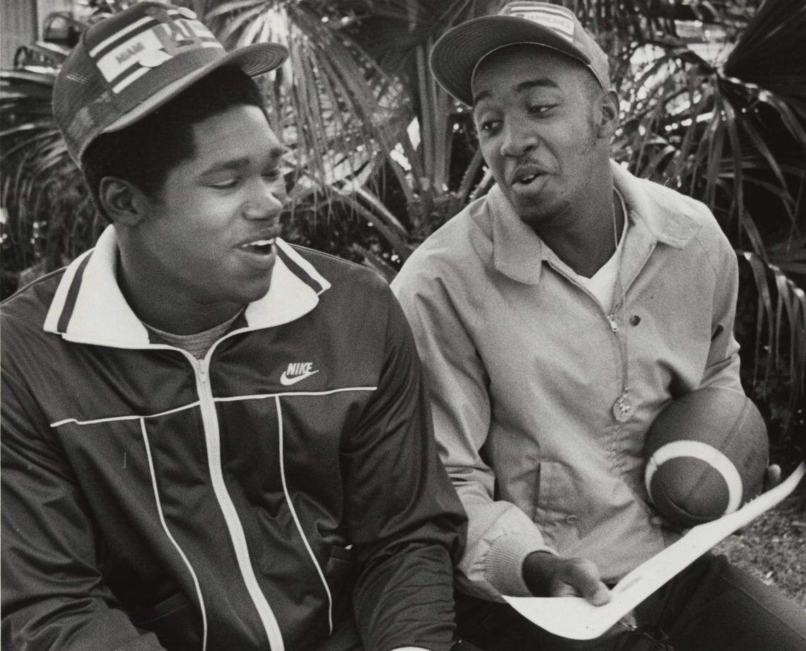 In this file photo from Feb. 10, 1983, Columbus High grad Alonzo Highsmith, left, and Miami Northwestern’s Melvin Bratton. At the time of this photo both buddies had just signed four-year athletic scholarships with the University of Miami Hurricanes.