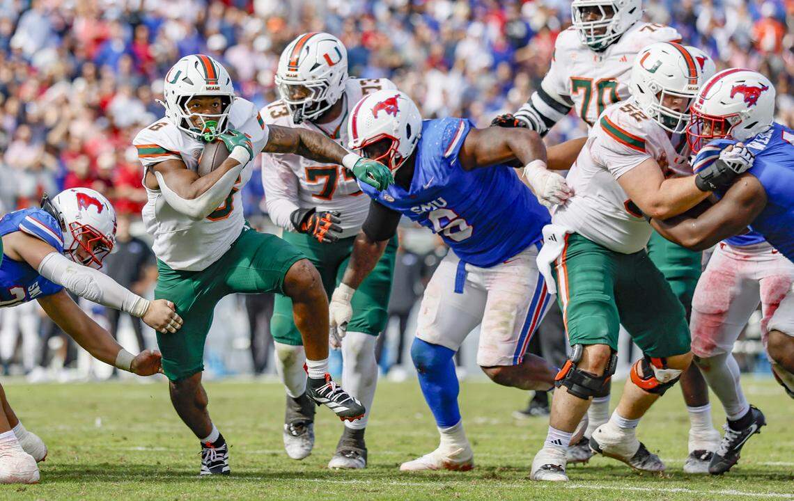 Miami Hurricanes running back Charmar Brown (6) on a carry against the Southern Methodist University Mustangs in overtime during an NCAA football game at Gerald Ford Stadium on Saturday, November 1, 2025, in Dallas, Texas.