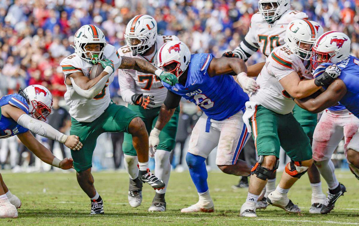 Miami Hurricanes running back Charmar Brown (6) on a carry against the Southern Methodist University Mustangs in overtime during an NCAA football game at Gerald Ford Stadium on Saturday, November 1, 2025, in Dallas, Texas.