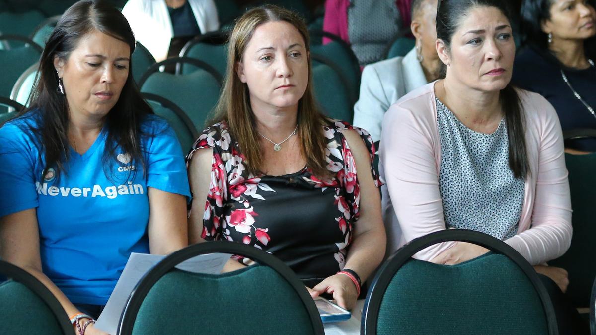 Lori Alhadeff, center, the mother of Parkland shooting victim Alyssa Alhadeff, looks on during the Marjory Stoneman Douglas High School Public Safety Commission Meeting at the BB&T Center on Thursday, June 7, 2018, in Davie.