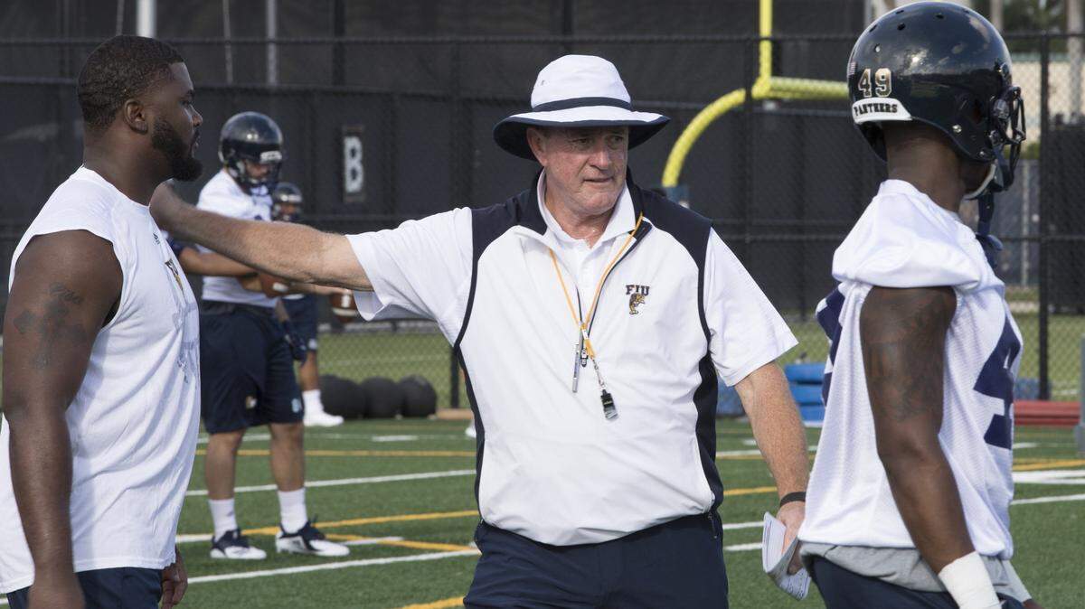 Florida International University (FIU) Panthers football head coach Butch Davis during the team’s first practice of the 2018 season at FIU’s on-campus practice field in Miami Fla. on Friday, August 3, 2018.