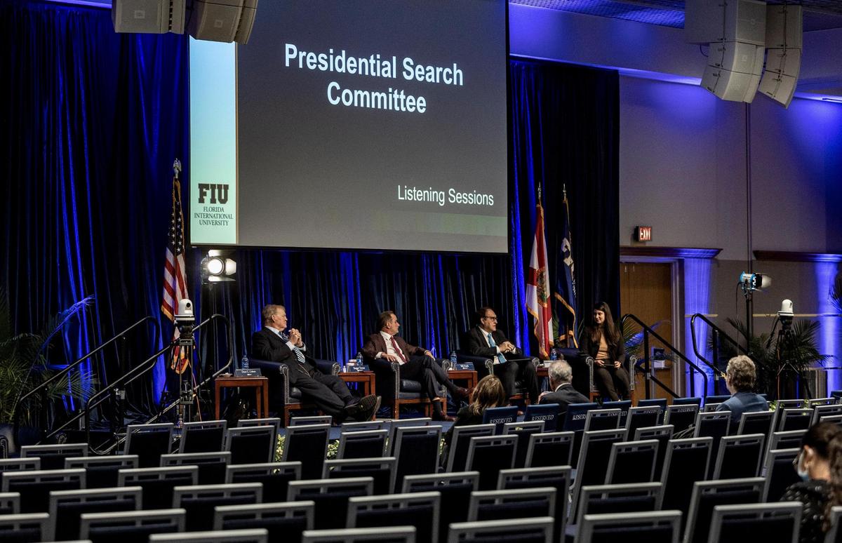 From left, panelists Dean Colson, Roger Tovar, Bill Funk and Sofia Trelles during a community listening session on the presidential search held at the Graham University Center at FIU’s main campus on April 13, 2022.