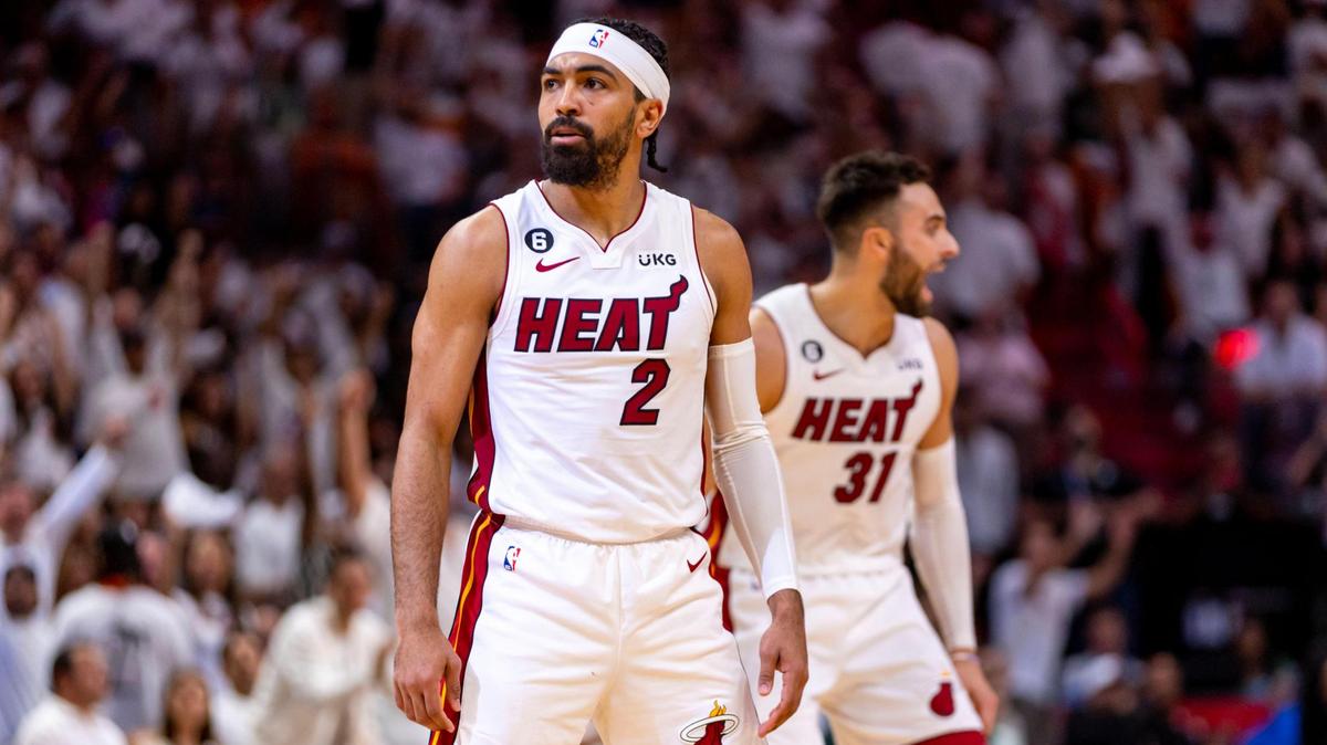 Miami Heat point guard Gabe Vincent (2) reacts to hitting a shot during Game 3 of the NBA Eastern Conference Finals series against the Boston Celtics at Kaseya Center in Miami, Florida, on May 21, 2023.