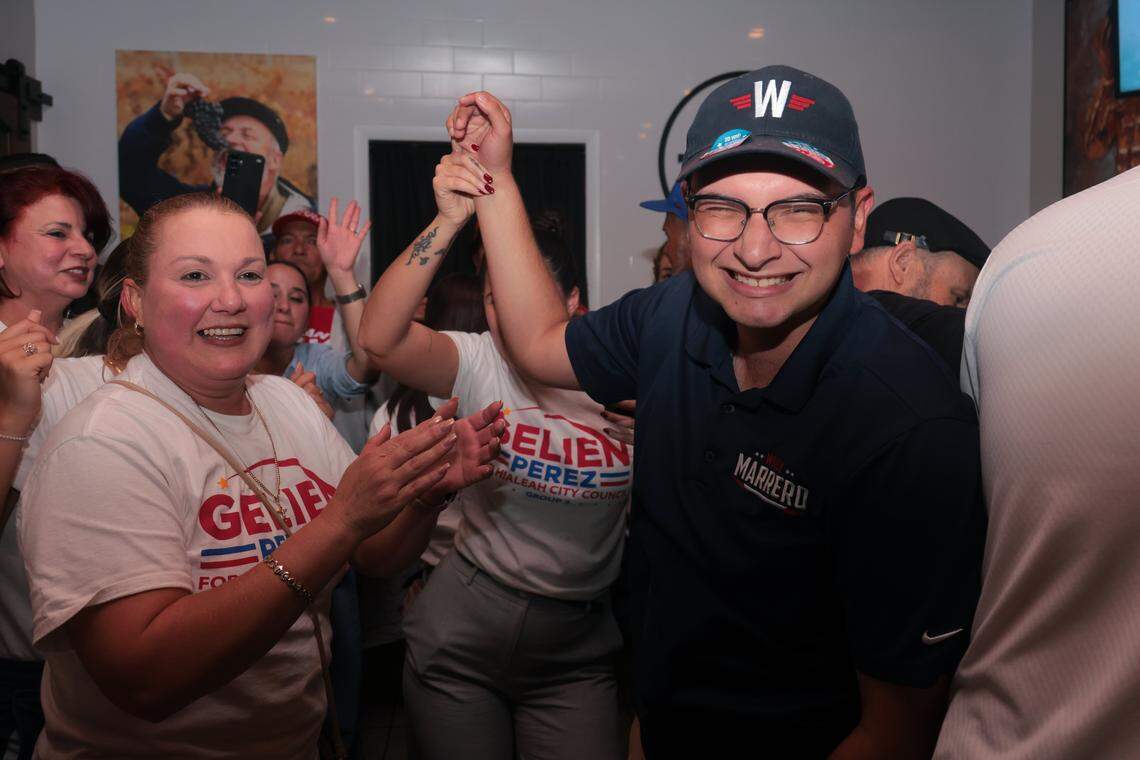 William “Willy” Marrero celebrates with supporters and friends after winning the Group 4 seat of the Hialeah City Council runoff election on Tuesday, Dec. 9, 2025, at Trigo Cafe Tapas Wine at 839 W 49th St. in Hialeah, Fla. 