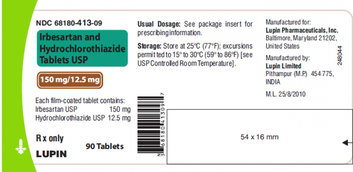 The label for recalled Irbesartan and Hydrochlorothiazide 150 mg tablets in 90-count bottles.