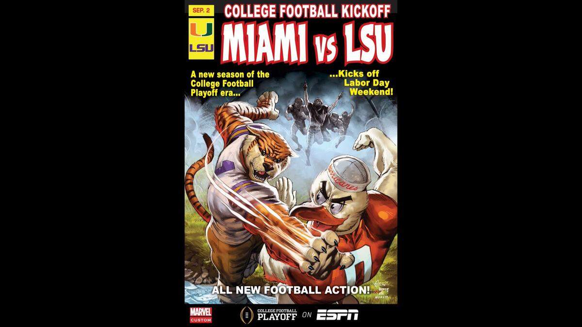 ESPN and Marvel’s comic book cover mockup of the Miami Hurricanes’ marquee season-opening matchup against the LSU Tigers.