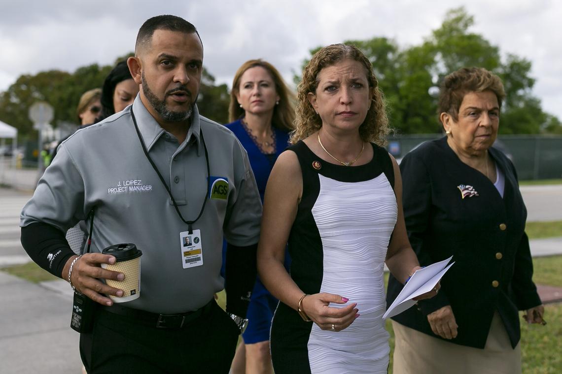 Rep. Debbie Wasserman Schultz (D-FL), center, walks with Rep. Donna Shalala (D-FL), right, and Rep. Debbie Mucarsel-Powell (D-FL), left, toward an office to request access to the Homestead Temporary Shelter for Unaccompanied Migrant Children in Homestead, Florida on Monday, April 8, 2019.