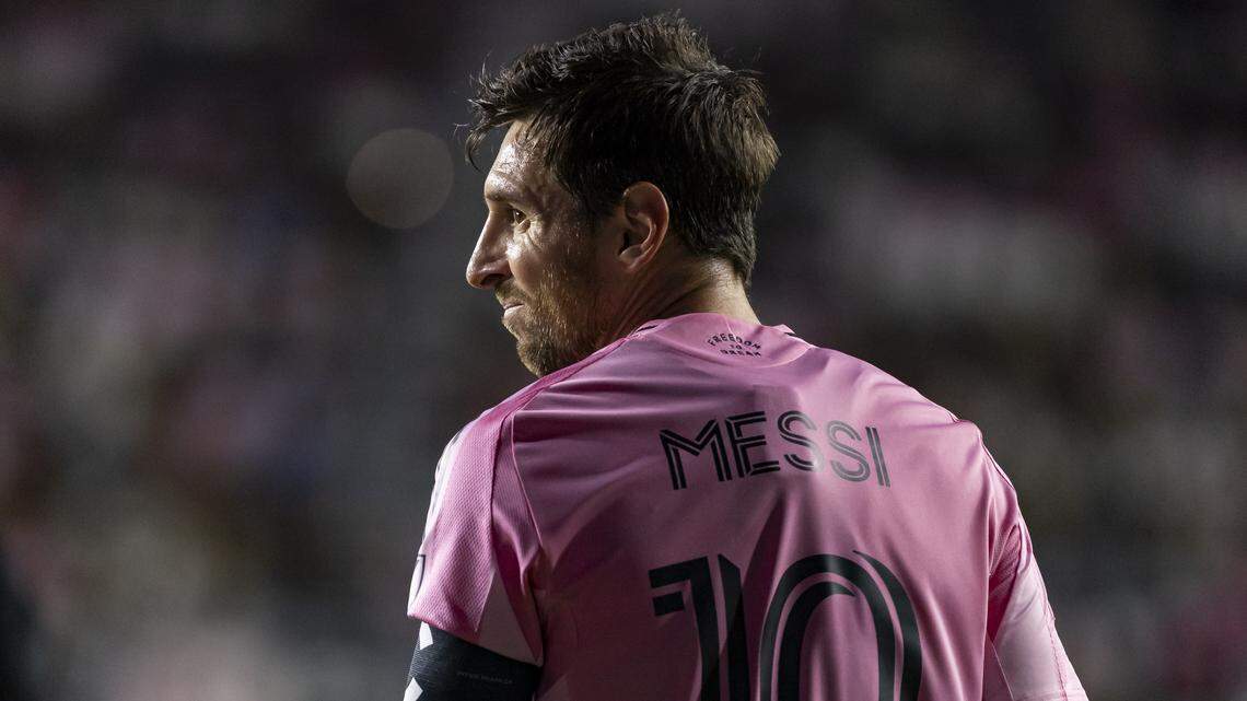 Inter Miami forward Lionel Messi (10) reacts after a play against the Chicago Fire in the second half of their MLS match at Chase Stadium on Tuesday, Sept. 30, 2025, in Fort Lauderdale, Fla.