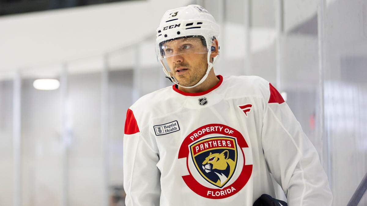 Florida Panthers forward Sam Reinhart (13) looks on during training camp at the Baptist Health IcePlex on Thursday, Sept. 19, 2024, in Fort Lauderdale, Fla.