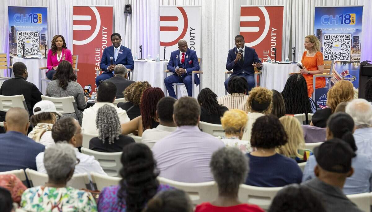 From left to right: Former U.S. Rep. Sheila Cherfilus-McCormick, Former Mayor of Broward County Dale Holness, Rod Joseph, Elijah Manley and U.S. Rep. Debbie Wasserman Schultz participate in a debate ahead of the Democratic primary for U.S. House Florida District 20 at the Urban League of Broward County on Wednesday, June 17, 2026, in Fort Lauderdale, Fla.