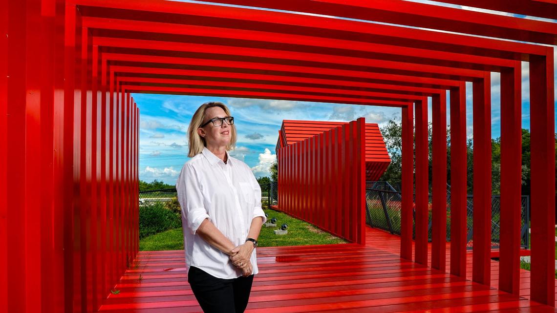 Fort Lauderdale architect Margi Glavovic Nothard, who specializes in designing affordable housing and cultural and public spaces, stands in her public art installation Sunset Hammock at Sunset Point Park on the edge of the Everglades in Tamarac, Florida, on Friday, June 28, 2024.