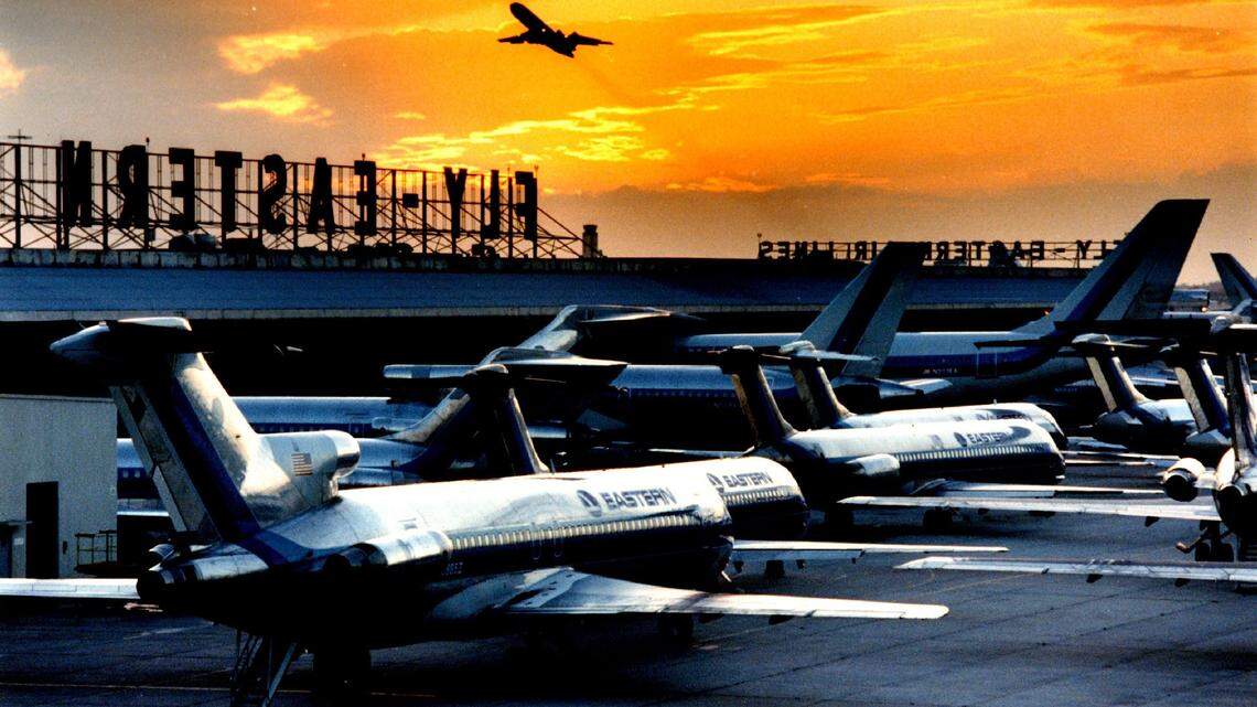 Eastern Airlines jets lined up at the Miami airport.