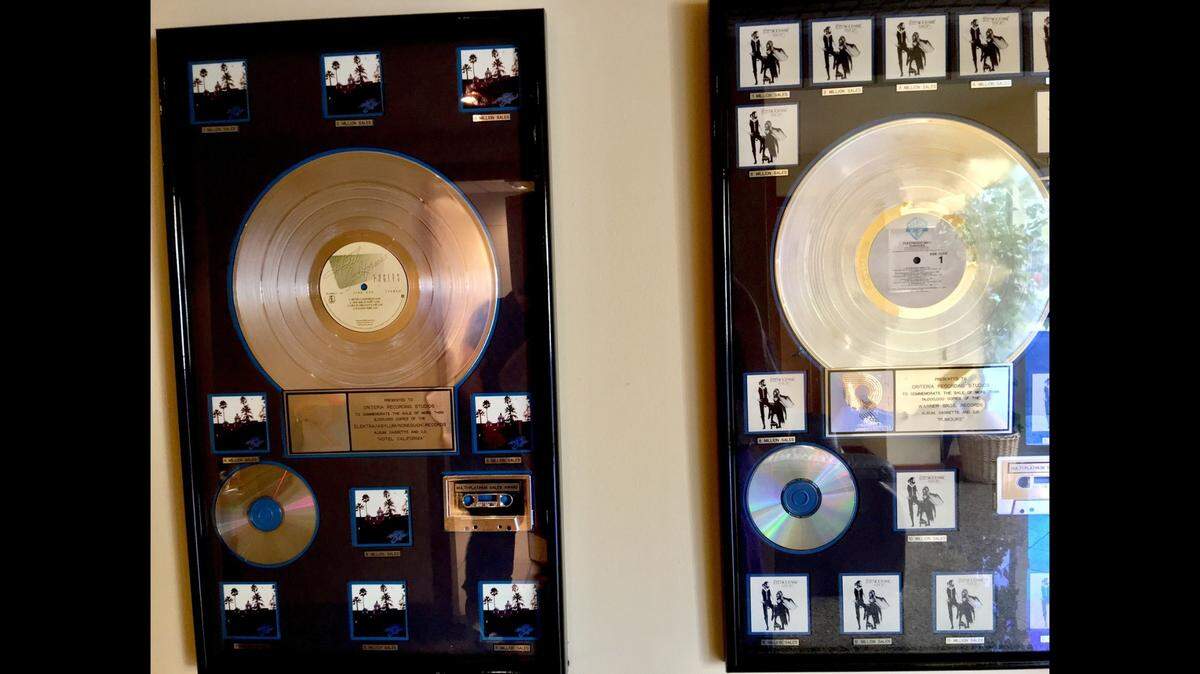 Gold and multiplatinum discs certifying sales in the millions for the Eagles’ ”Hotel California” and Fleetwood Mac’s “Rumours” albums hang on the walls of Criteria Studios in North Miami. Both landmark albums were recorded, in full or in part, at the studio in 1976. This photo was taken on Aug. 20, 2016.