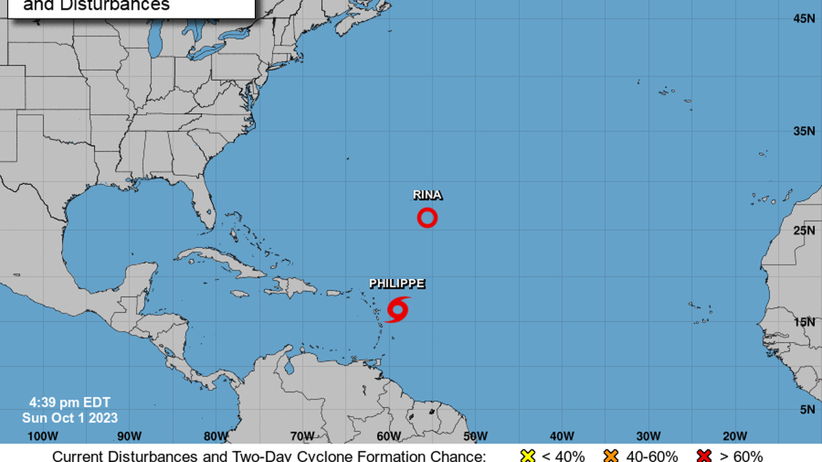 Where Tropical Depression Rina and Tropical Storm Philippe stand as of 5 p.m. Sunday, Oct. 1.