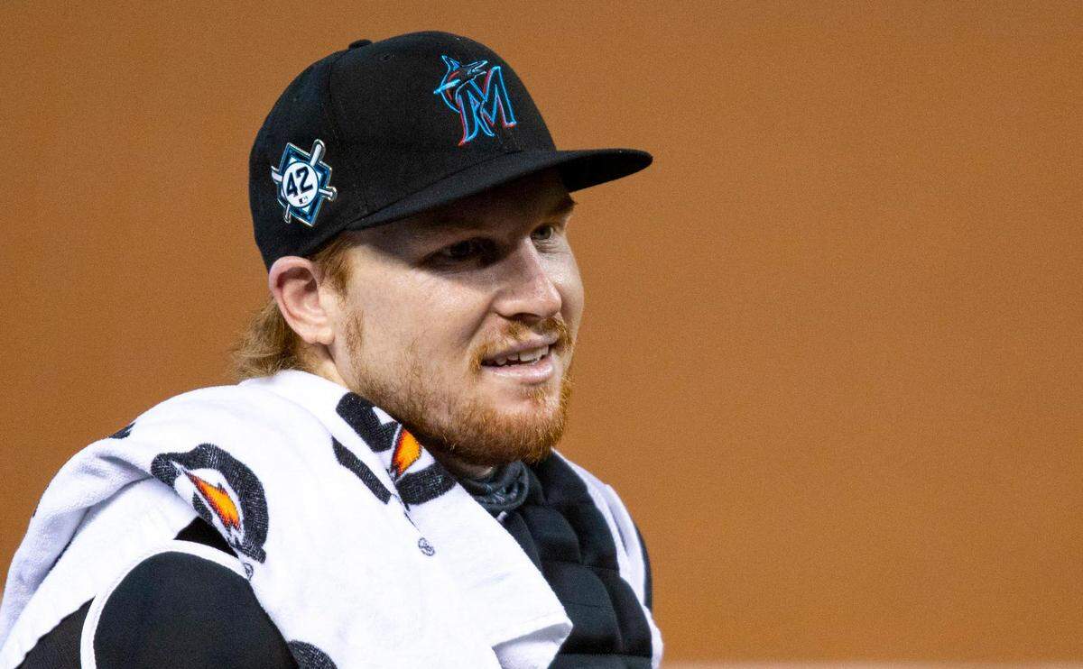Miami Marlins catcher Chad Wallach (42) before the start of a Major League Baseball game against the Tampa Bay Rays at Marlins Park in Miami, Florida on Sunday, August 30, 2020.