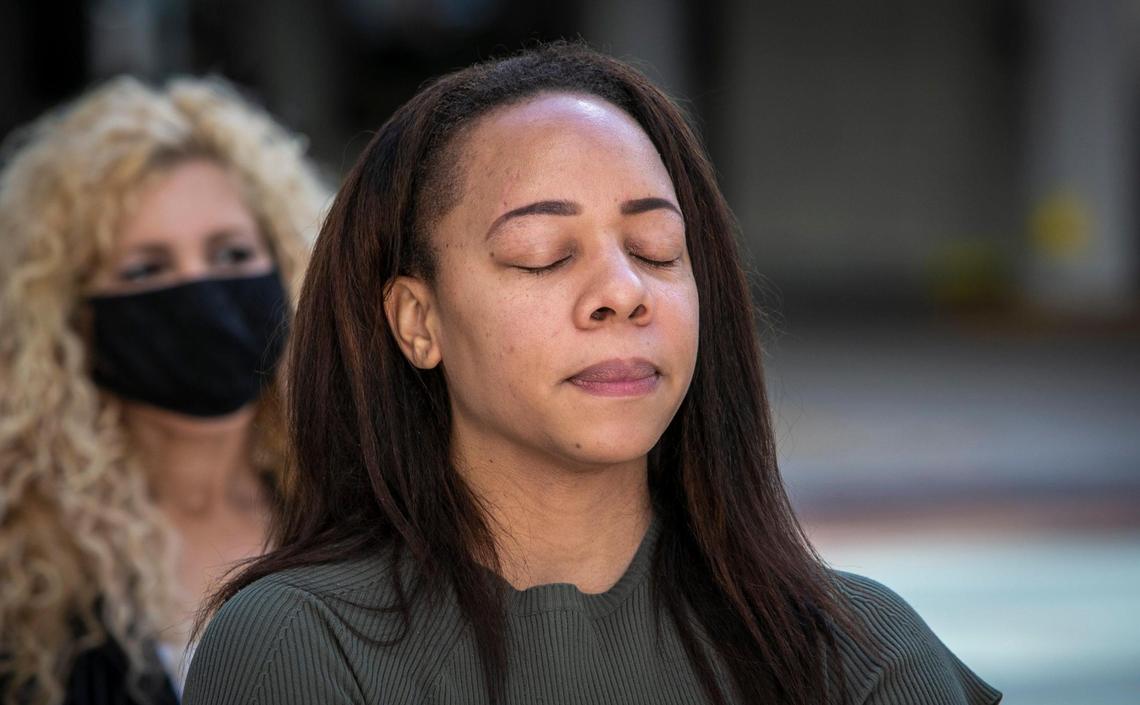 LaToya Ratlieff takes a breath after returning to the place she was injured by police in order to voice opposition to HB1, a Florida bill that opponents say would severely limit protester’s First Amendment rights.