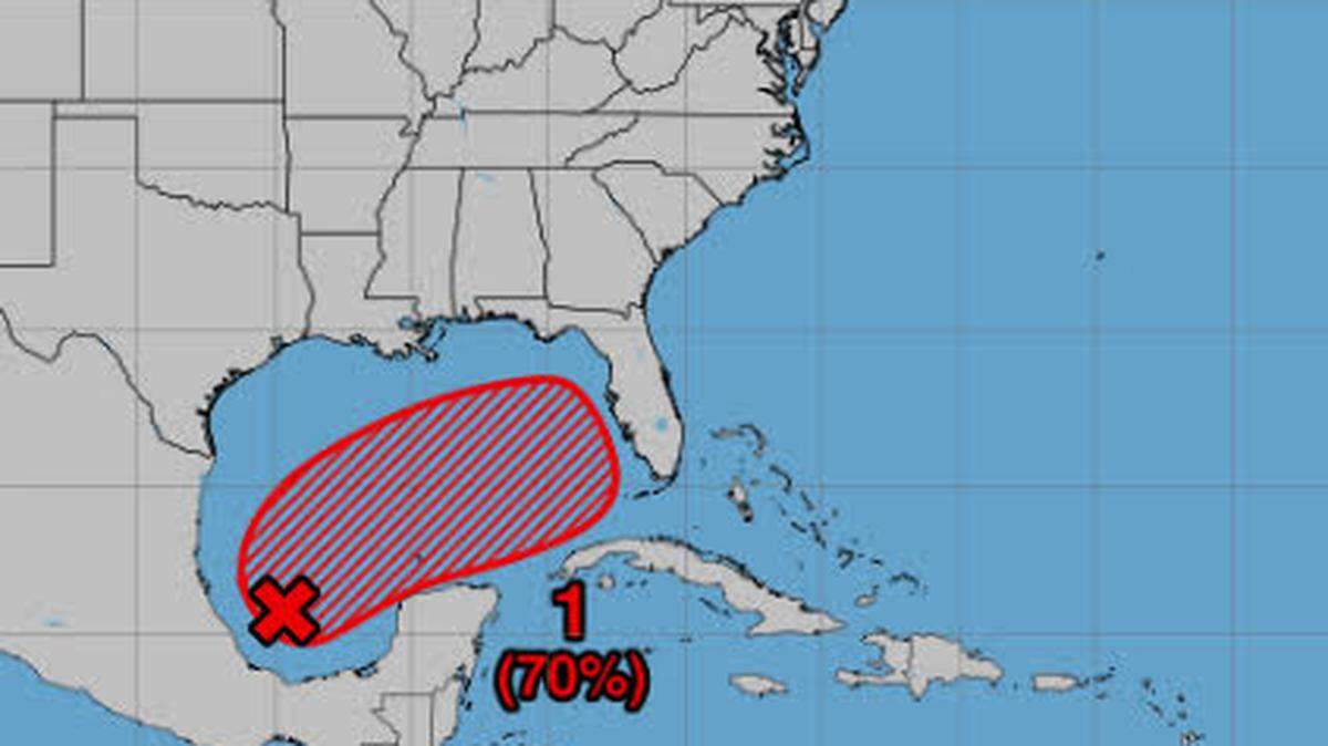 A National Hurricane Center map shows a broad area of low pressure that forecasters said Friday, Oct. 4, 2024, has a high chance of forming into a tropical storm.