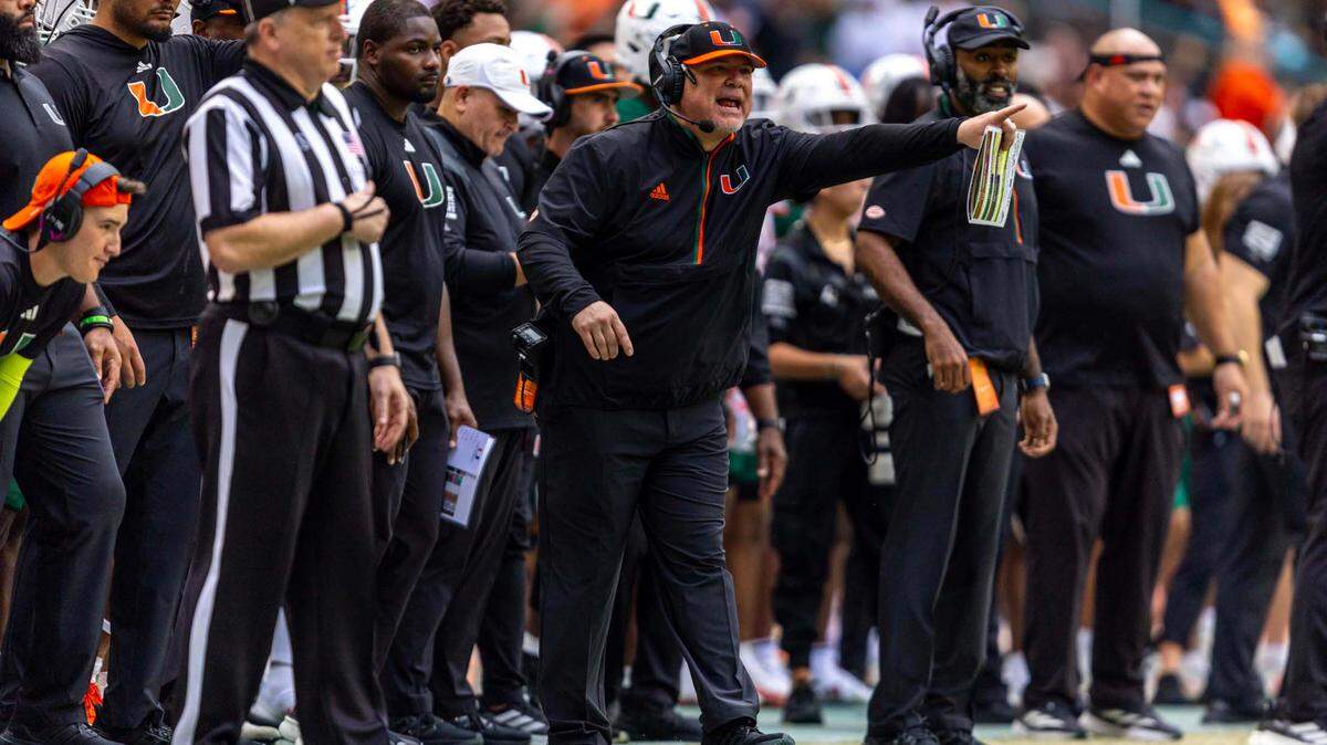 Miami Hurricanes defensive coordinator Lance Guidry reacts on the sideline during the second half of an ACC football game at Hard Rock Stadium on Saturday, Nov. 2, 2024, in Miami Gardens, Fla.