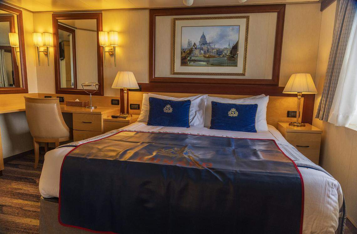 View of a Queens Grill penthouse cabin inside of the Cunard cruise ship Queen Elizabeth', as it sits docked at PortMiami on Thursday, Oct. 16, 2025, in Miami. The vessel arrived around 6 a.m. and will be based in Miami for six months, offering voyages to the Caribbean. After tours and festivities, the ship is scheduled to depart later Thursday on its inaugural 12-night Caribbean cruise.