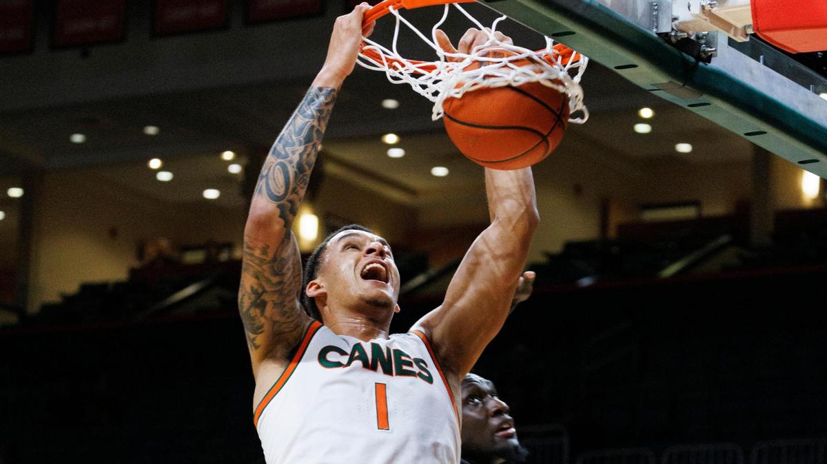 Miami Hurricanes’ Lynn Kidd (1) dunks during the first half of the season opener game against the Fairleigh Dickinson Knights on Monday, Nov. 4, 2024, at Watsco Center in Coral Gables, Fla.
