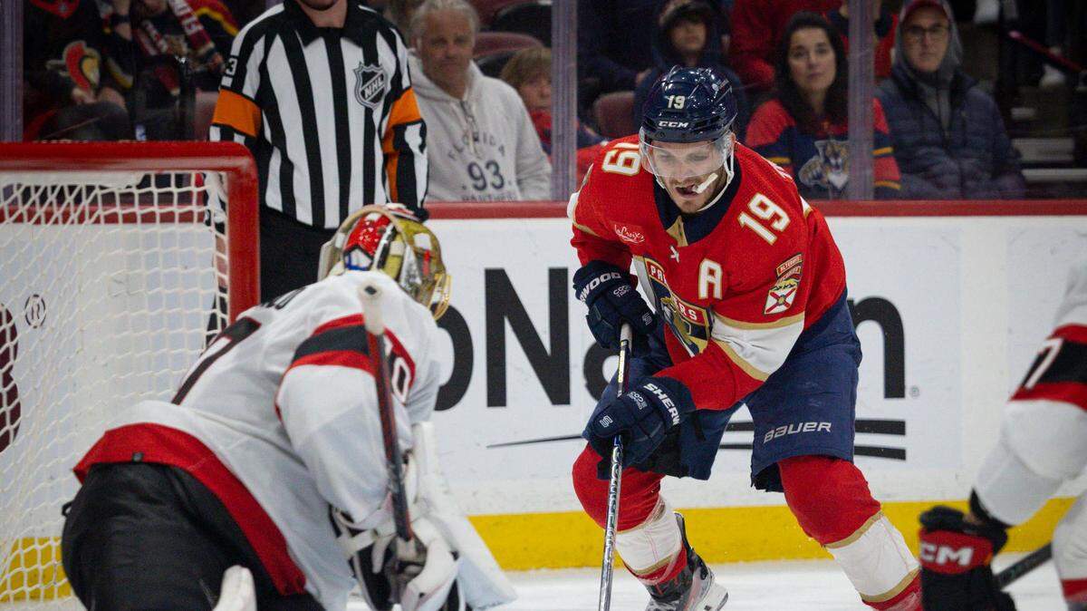 Florida Panthers left wing Matthew Tkachuk (19) prepares to take a shot on goal against Ottawa Senators goaltender Joonas Korpisalo (70) during the second period of a game on Tuesday, Feb. 20, 2024, at Amerant Bank Arena in Sunrise, Fla.