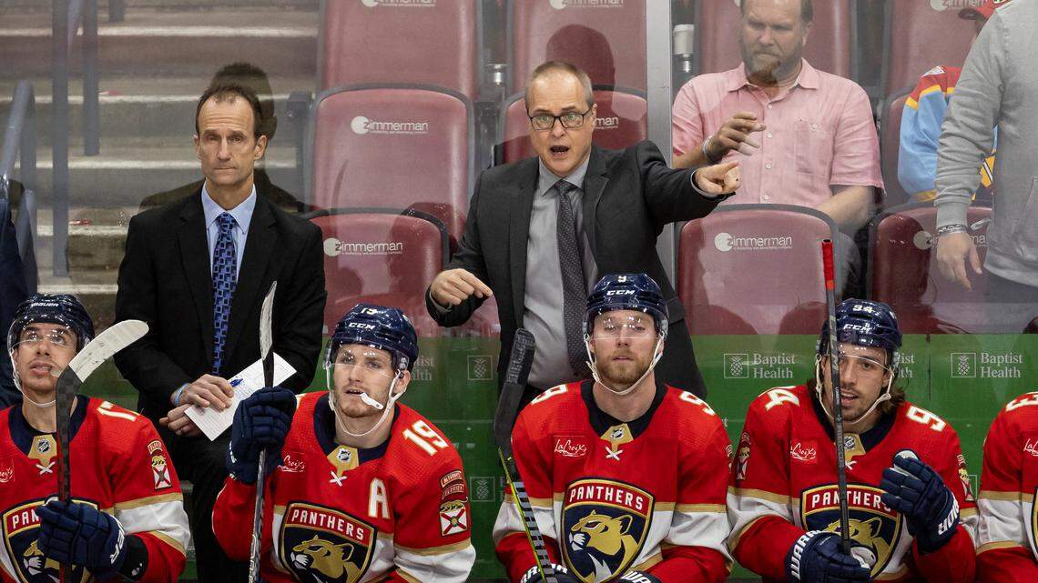 Florida Panthers head coach Paul Maurice reacts after a play against the Pittsburgh Penguins in the third period of their NHL game at the Amerant Bank Arena on Friday, Dec. 8, 2023, in Sunrise, Fla.