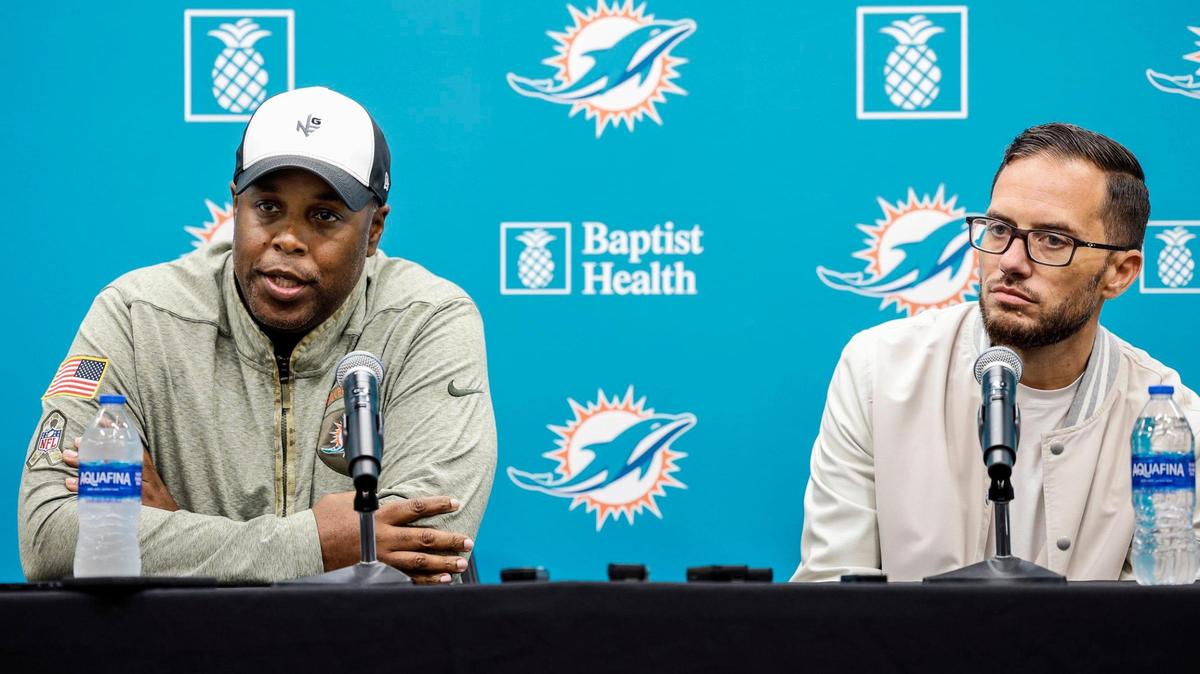 At left, Miami Dolphins general manager Chris Grier and head coach Mike McDaniel speak to reporters during a news conference at the Baptist Health Training Complex during the 2023 NFL Draft on Saturday, April 29, 2023.